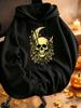 Unisex Hoodie, Halloween Skull And Moon with Roses Graphic, Pullover Sweatshirt, Gothic Streetwear Style, Autumn Winter Season, Front Pocket And Draws