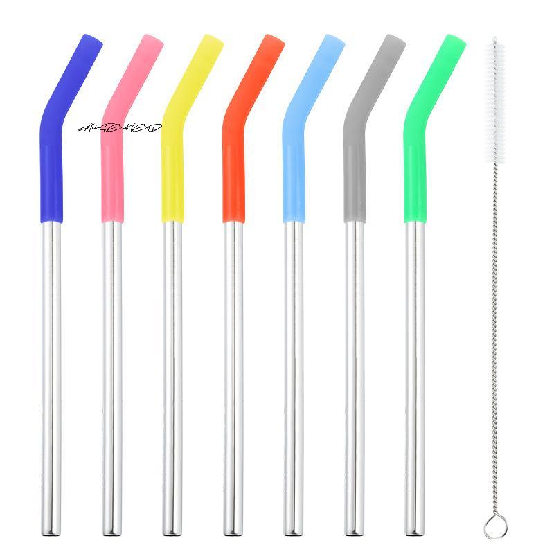 Long Stainless Steel Metal Straws with Silicone Tips Cleaning Brush Set - Reusable Eco-Friendly Drinking Straws with Covers