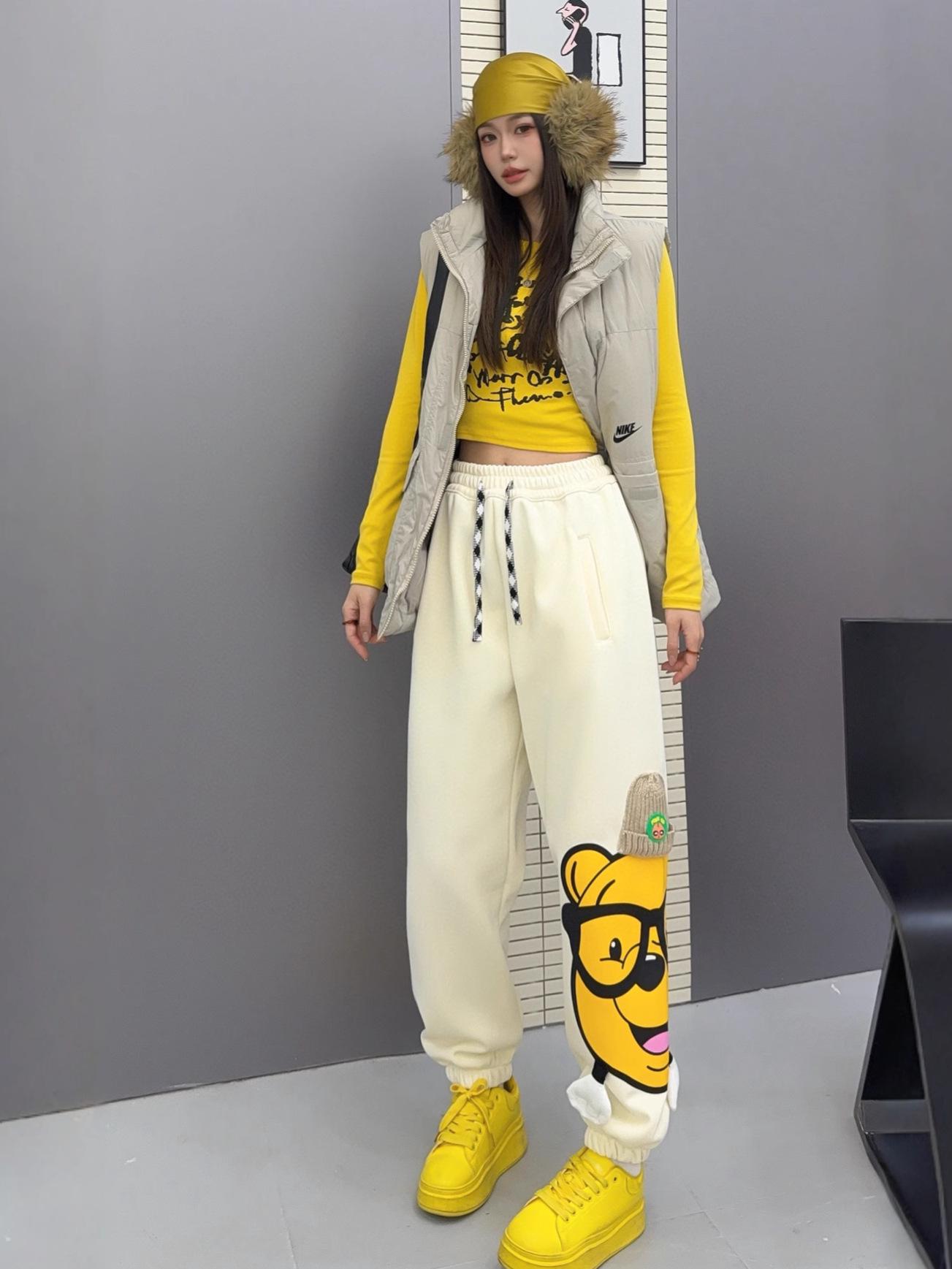 

New Arrival Women s Cartoon Color Block Drawstring Pants - Warm, Trendy, Age-Reducing Style with Pockets One Size No Fleece білий