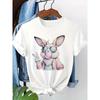 Plus Size Women's Easter Happy Bunny Print T-Shirt Round Neck Short Sleeve Vintage Soft Stretchy Glasses Peace Bow Design Machine Washable Casual Tee