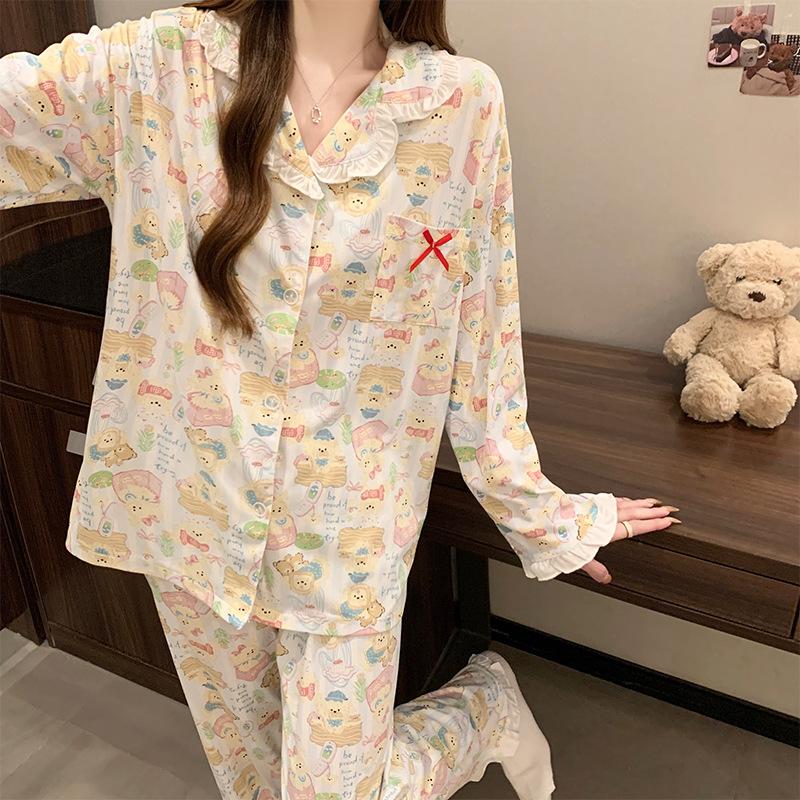 Small fresh women's pajamas spring and autumn sweet lace imitation cotton long-sleeved cartoon bow loungewear set