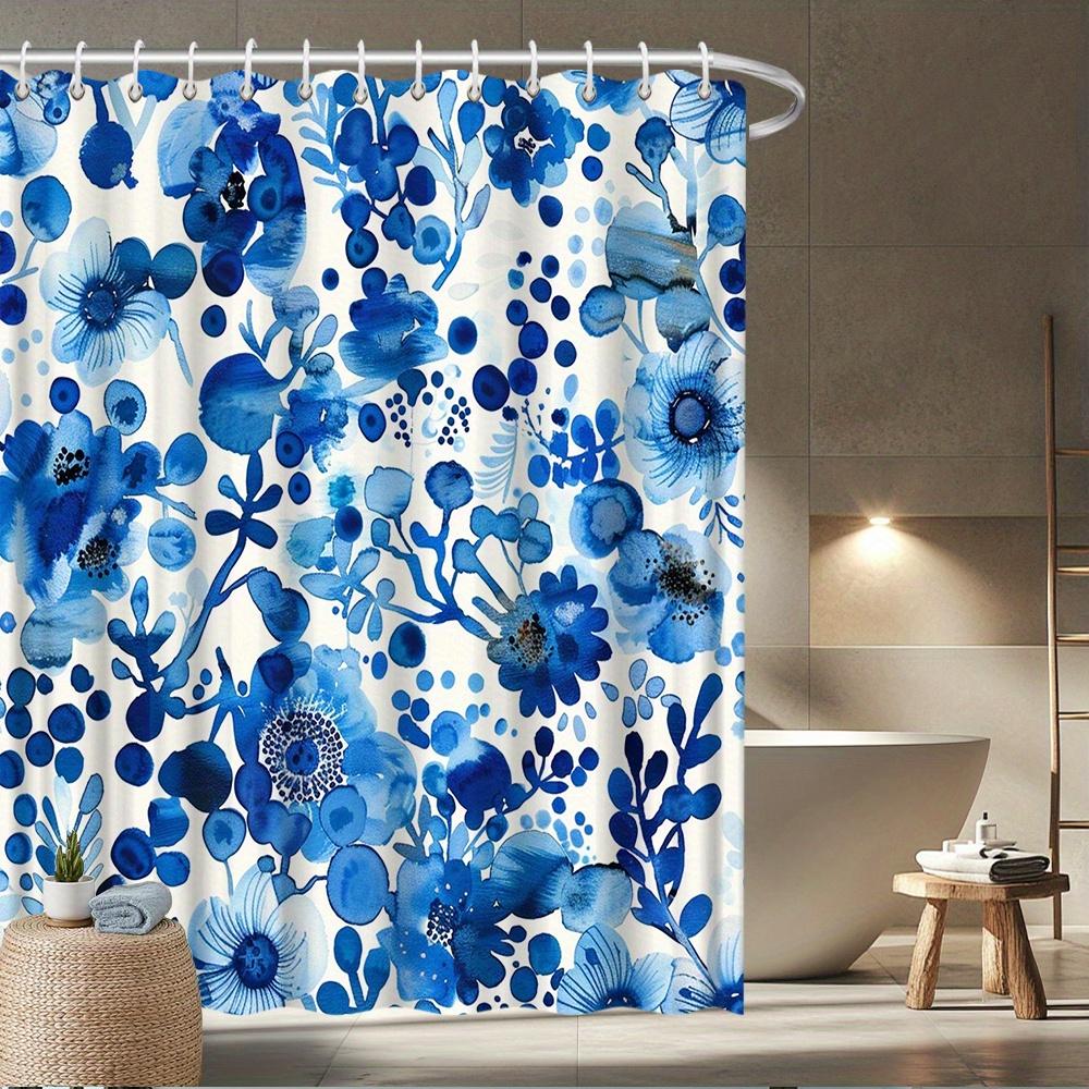 

1Pcs Shower Curtain Polyester Blue Floral Watercolor Print Waterproof Bathroom Decor Modern Home Textile 2D Flat Printing W60H190(CM)-1 Pcs