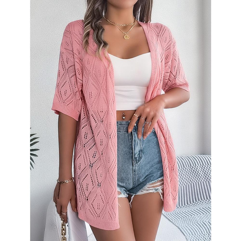 Summer Hollow Plaid Short-sleeved Knitted Cardigan Beach Sun Protection Shirt