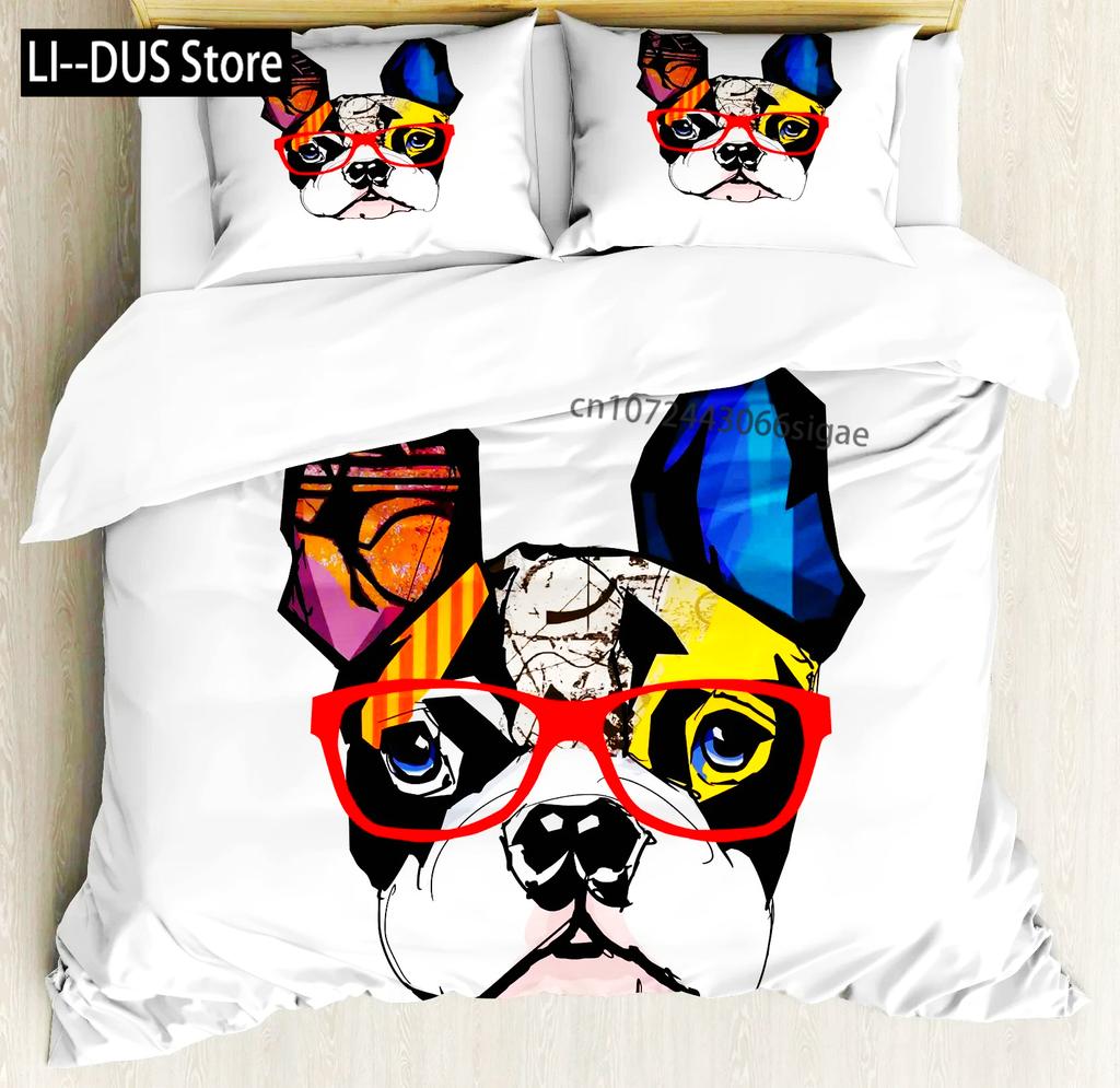 3D Hunde Bettwäsche Set Niedliches Französische Bulldogge Welpe Bettbezug Sets Cartoon Bettdecke Haustiere Heimtextilien Queen 2/3Stk. King Full