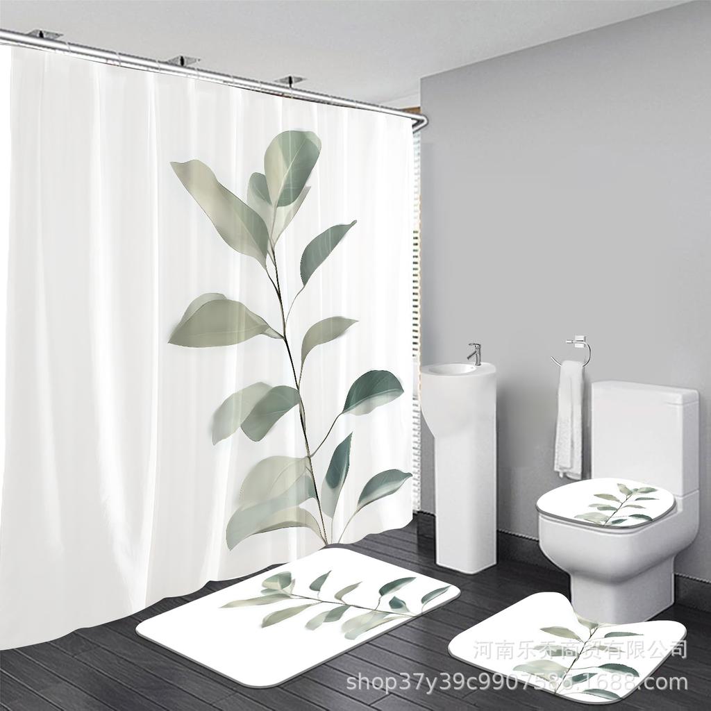 Green Leaf Shower Curtain Set - 4-Piece, Waterproof & Mildew-Proof with Hooks, Ideal for Bathroom Decor, Bulk Discount Available