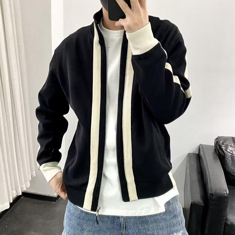 

Корейский Тренд Мода Осень Новые Куртки Мужские Воротник-стойка Контрастный Цвет Карманы Молния Пэчворк Повседневные Пальто с Длинным Рукавом Топы L чёрный