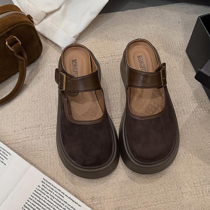 

Весна 2025 новая замшевая ретро верхняя одежда сумка голова тапочки женские толстая подошва один педаль маленькие полутапочки 37 темно-коричневого