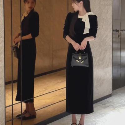 Velvet Hepburn-Style French Bow Dress for Women - Autumn/Winter