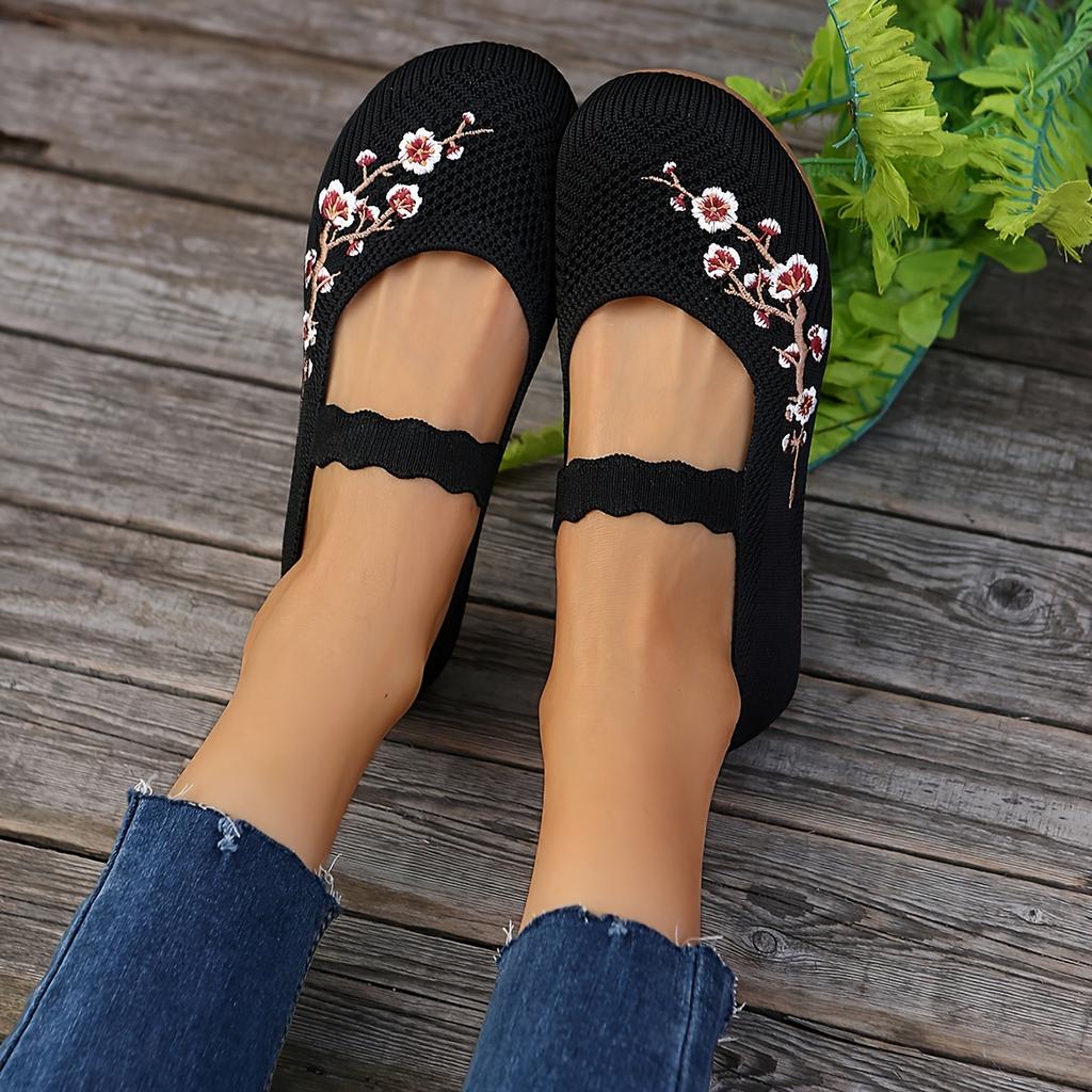 Floral Slip-on Shoes Women's Round Toe Slip-on Low Heel Embroidered Floral Lace-upless Anti-slip Walking Shoes, Breathable Daily Casual Shoes