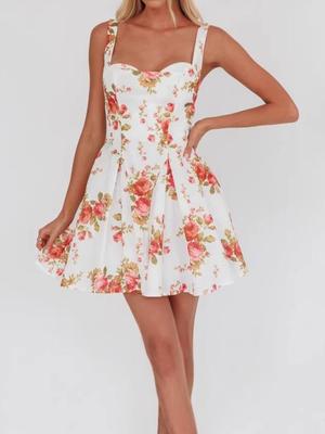 2026 Summer Hot Style Women's Rose Print Spicy Girl Square Neck Padded A-line Wide Hem Dress