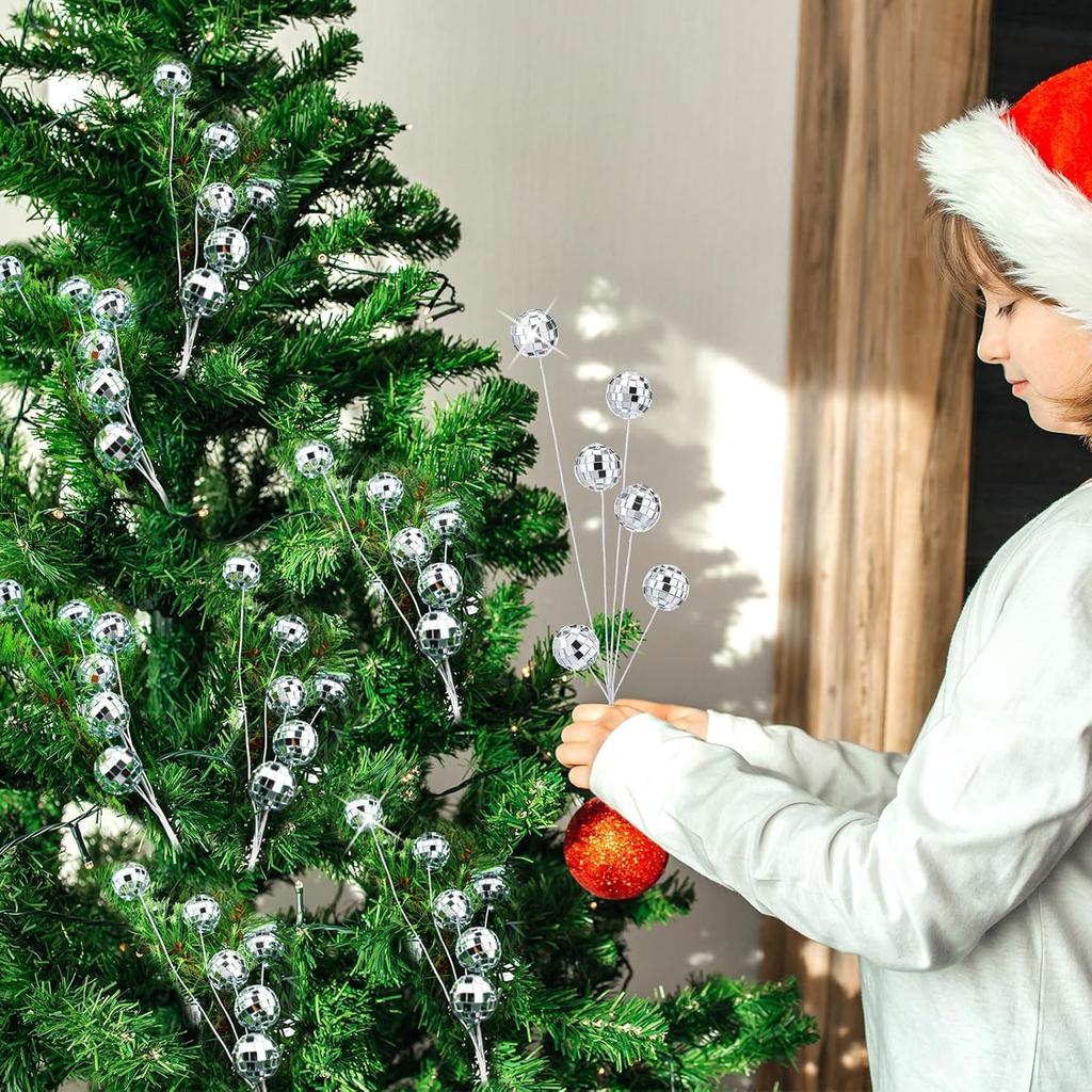 12 Pcs Silver Glitter Ball Picks Mirror Disco Balls New Year 2025 Ornaments Decorations Bulk 14 Inch Decorative Sticks for Vases Tall DIY Glitter