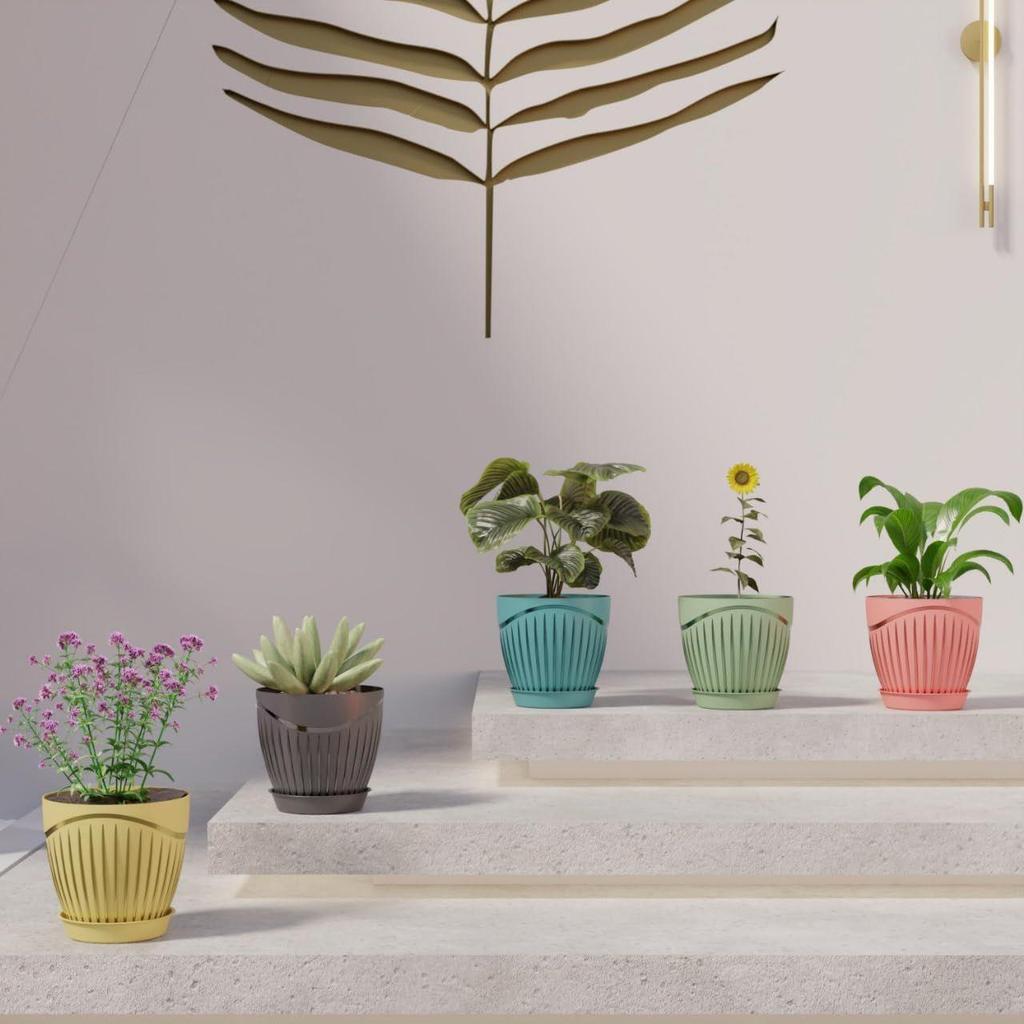 (Pack of 5) 6 Inch Premium Round Plastic Flower Pots with Tray for Home Planters, Terrace,for Home Indoor & Outdoor Gardening Plants