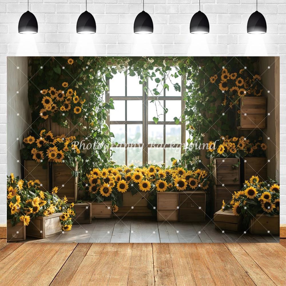 Spring Autumn Sunflower Flower Photography Background Window Sunshine Green Leaves Baby Birthday Kids Portrait Photo Backdrop
