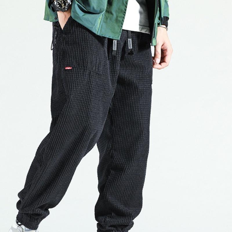 Men's Dark Blue Corduroy Casual Pants with Side Pocket and Drawstring Waist