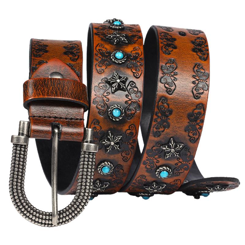

3.8CM Real Top Grain Genuine Leather Belt Men Luxury Retro Print Cowskin Belt Simple Pin Buckle Waist Strap for Jeans 125cm