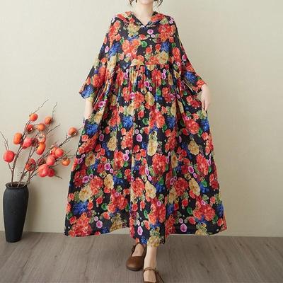 Plus Size Cotton Hooded Vintage Floral New In Dresses for Women Casual Loose Long Summer Dress