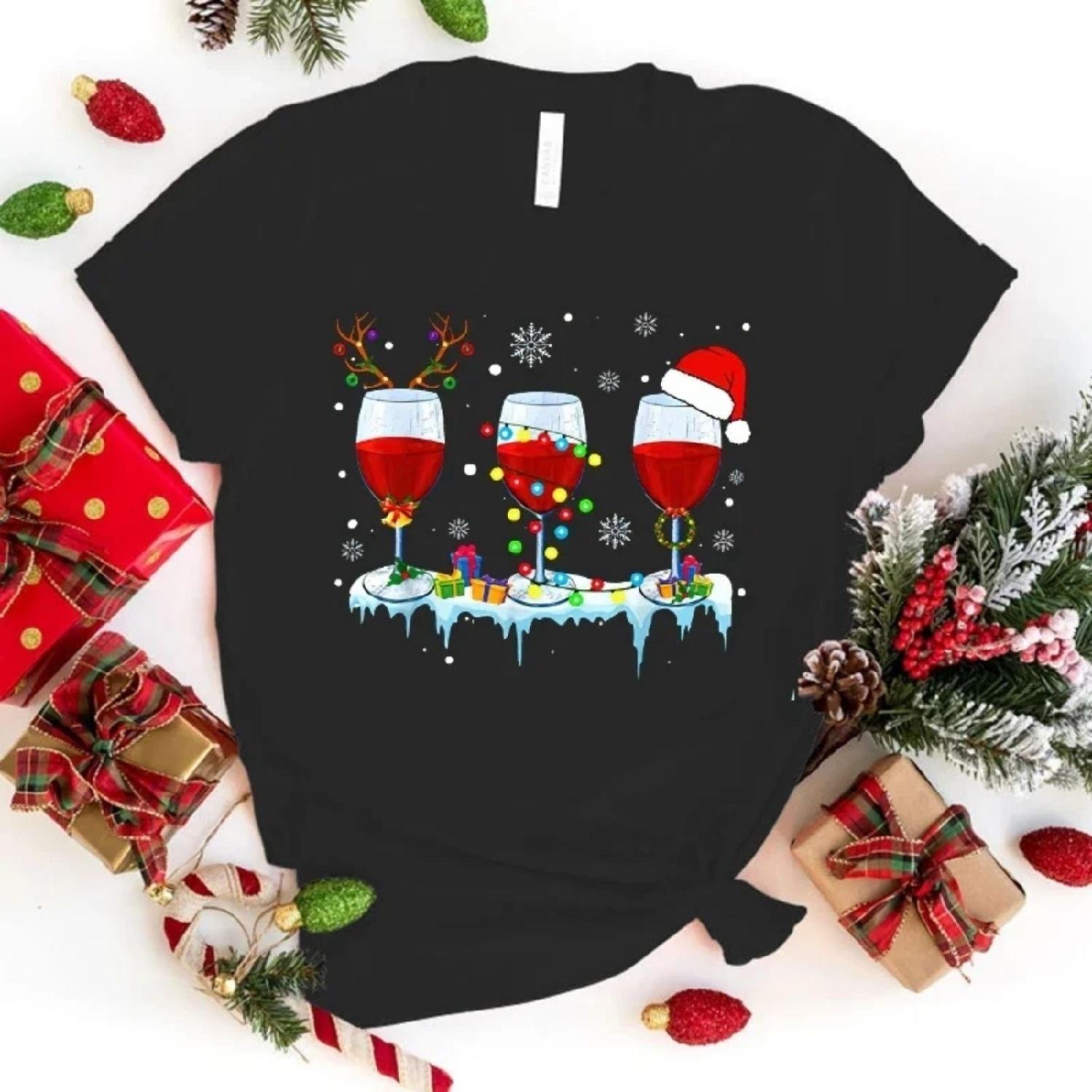 Funny Christmas Red Wine Glass Print T-Shirt Women Men Summer Casual Short Sleeve Shirt Fashion Loose Tops(Premium T-shirt) S