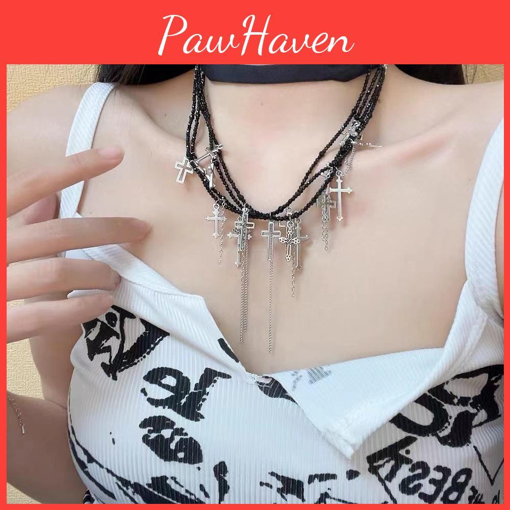 Punk Dark Cross Style Necklace Geometric Shape Tassel Choker For Souvenir Travel