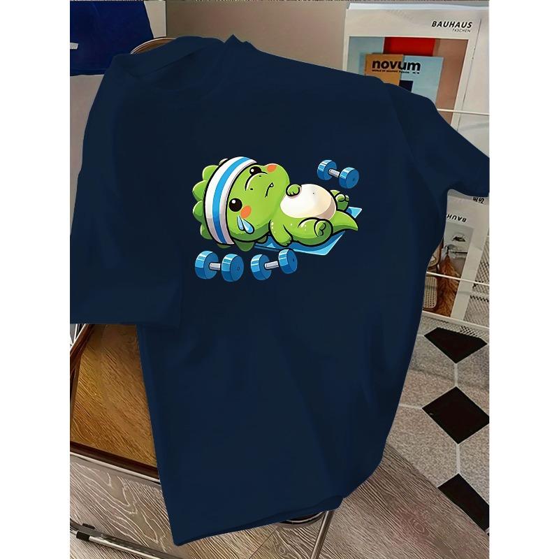 European sizes Cute Green Dinosaur Pattern Casual T-Shirt | Summer New Fashion, Unisex, Short Sleeve, Medium Stretch Fabric, Crew Neck
