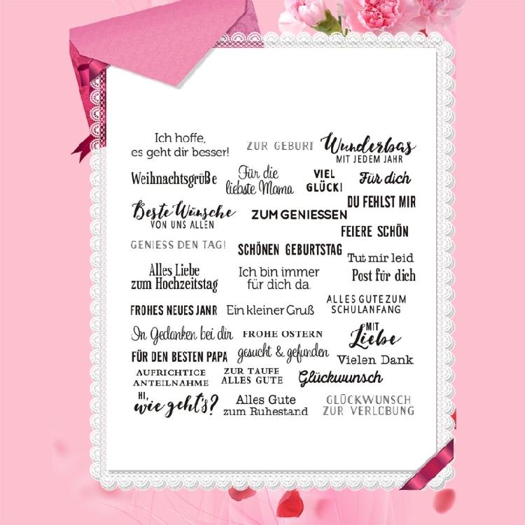 5 Stück Klarer Silikonstempel für Geburtstags Kartenherstellung Scrapbooking Deutsche Sprüche und Blumenstempel für Bastelverzierungen