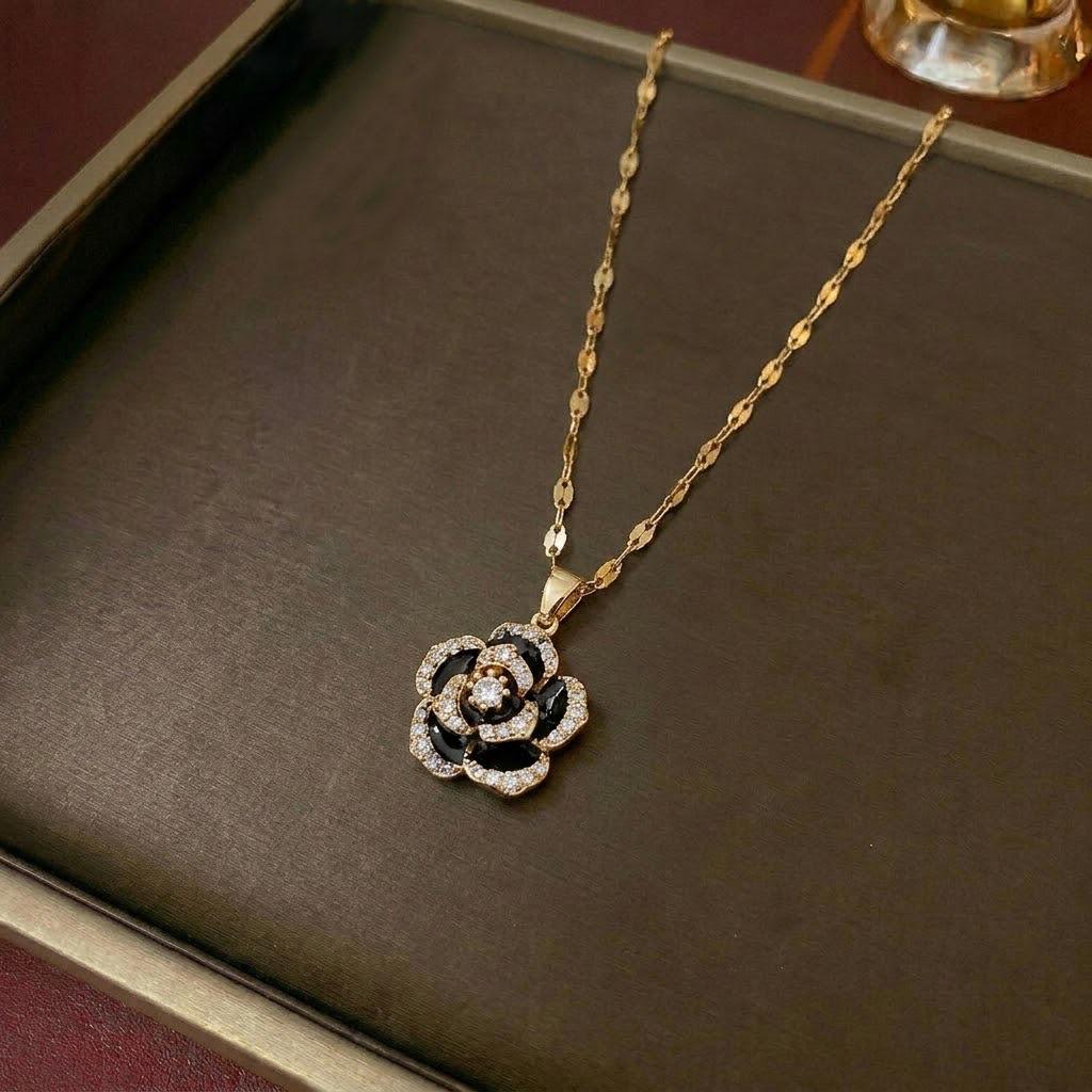 Women's Camellia Rose Titanium Steel Necklace - Sweet Korean & Japanese Style Clavicle Chain.