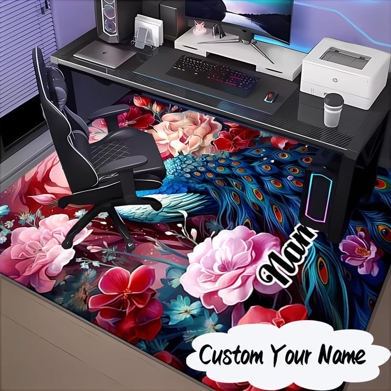 Custom Name Peacock Flowers Romance Rug for Living Room, Game Rooms, Office, Bedroom, Floor Mat Playful Design, Fan Gifts Christmas Decor