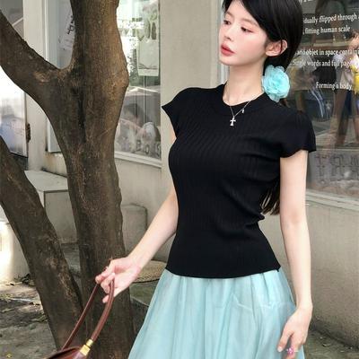 Khaki Small Flying Sleeve T-shirt Women's Summer New Sweet Temperament Slim Slim Niche Sweater Top