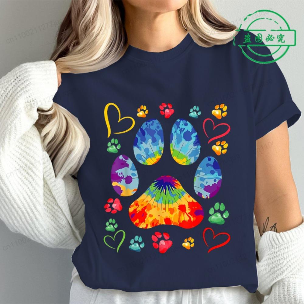 Tie Dye Paw Print Women T Shirt Fashion Casual Graphic T-Shirts Short Sleeve Tee Tops Summer Fashion Female T-Shirt Mujer