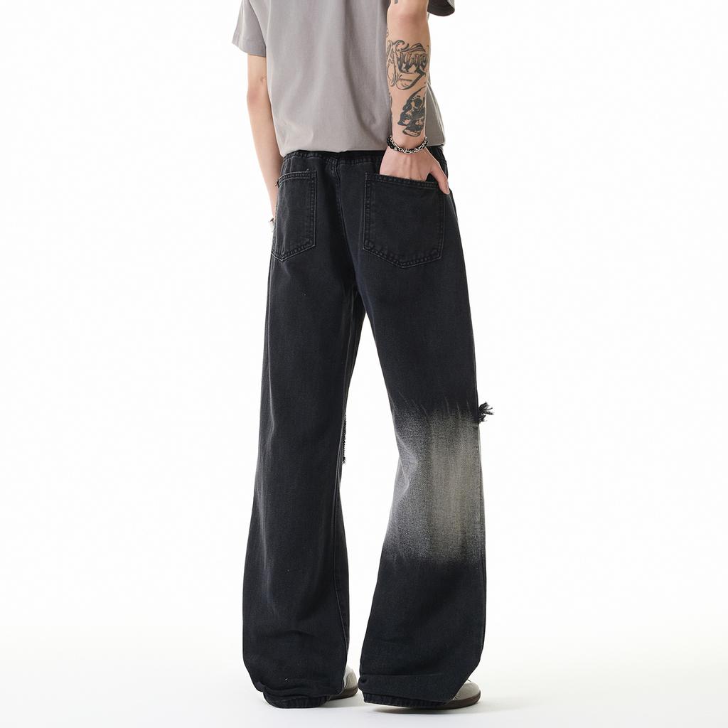 Summer soot charcoal black ripped jeans men's thin straight slightly pulled pants loose drop street style men's pants