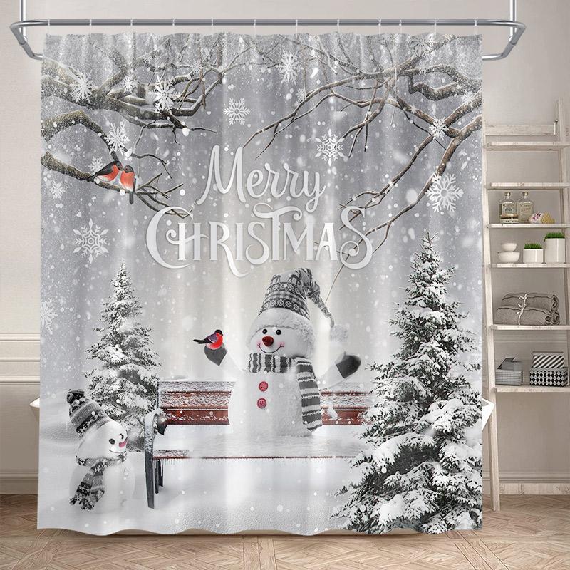 Cute Snowman Christmas Shower Curtains Xmas Tree Gift Cartoon Santa Claus Winter Scenery Bath Curtain Fabric Home Bathroom Decor