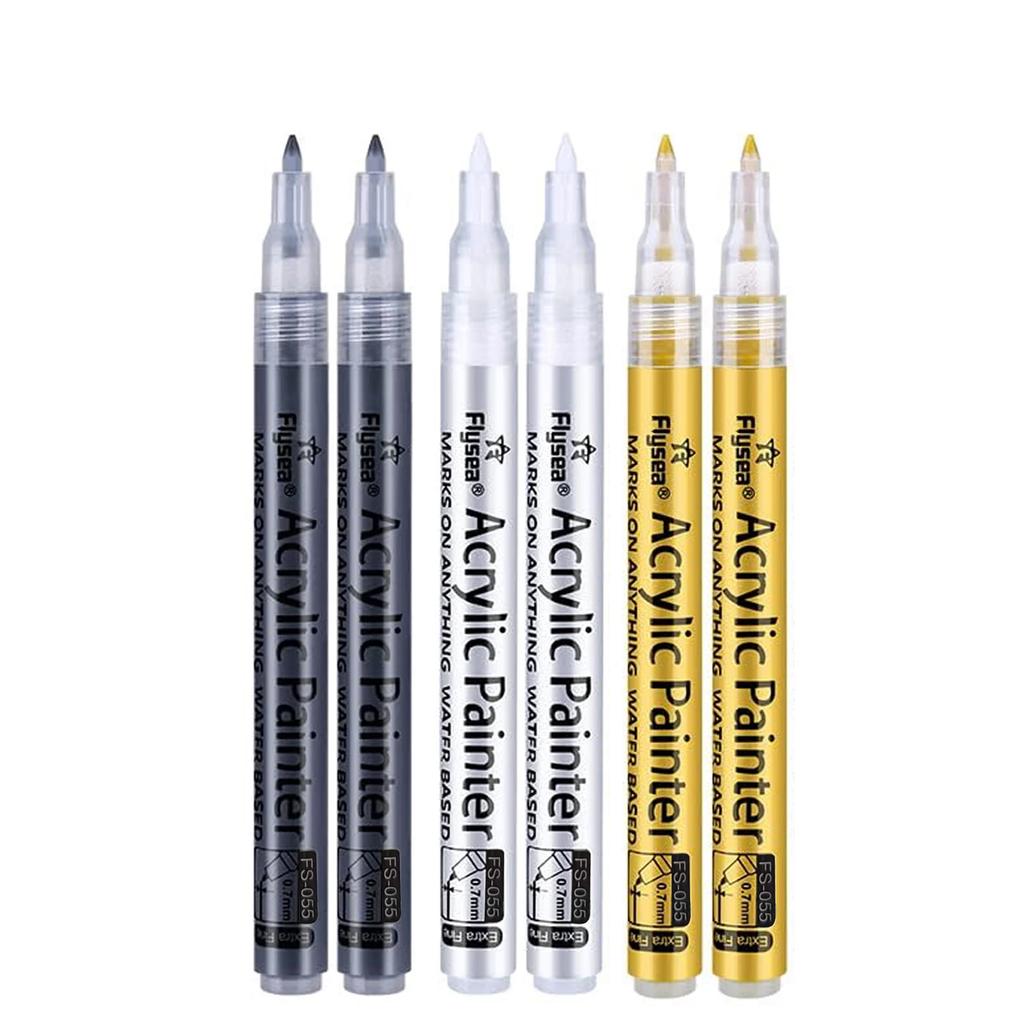 6Pcs/set 4 Colors (Black/White/Gold/Silver) Acrylic Paint Markers pen,0.7mm Extra Fine for Ceramic, Metal, Paper, Drawing, DIY