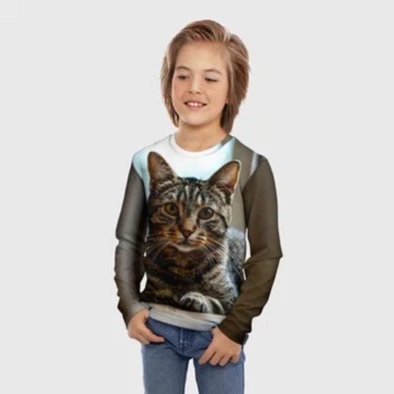 Children's Cartoon Cat Printed T-shirt Boys Cute Long Sleeved Soft Comfortable Top