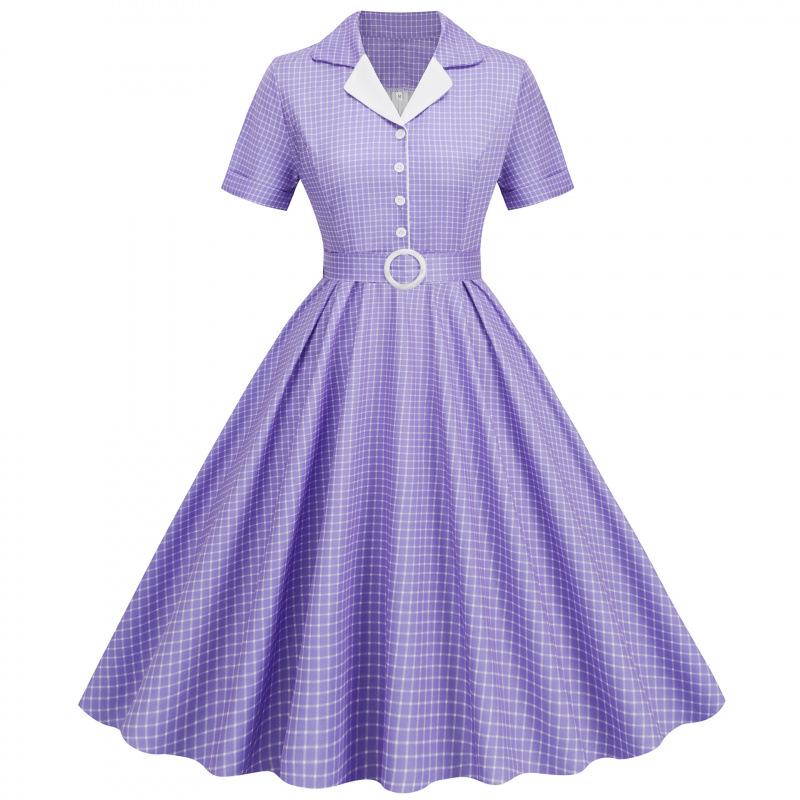 Vintage Plaid Belted Midi Dress with Color-Contrasting Blazer Collar