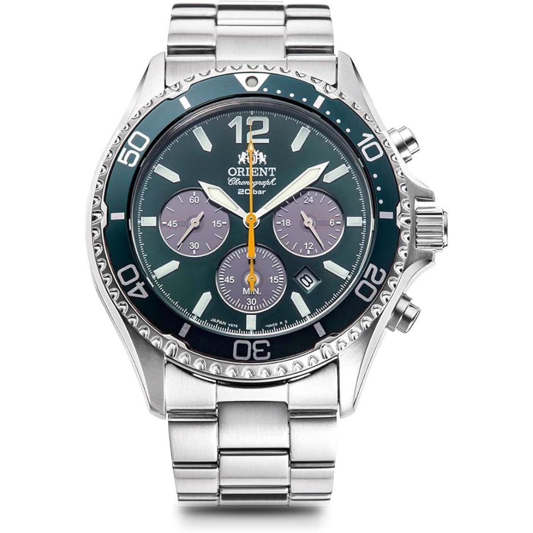 

ORIENT Mako Solar Chronograph RN-TX0204E - Green Dial, Sapphire Crystal, 200m Water Resistant