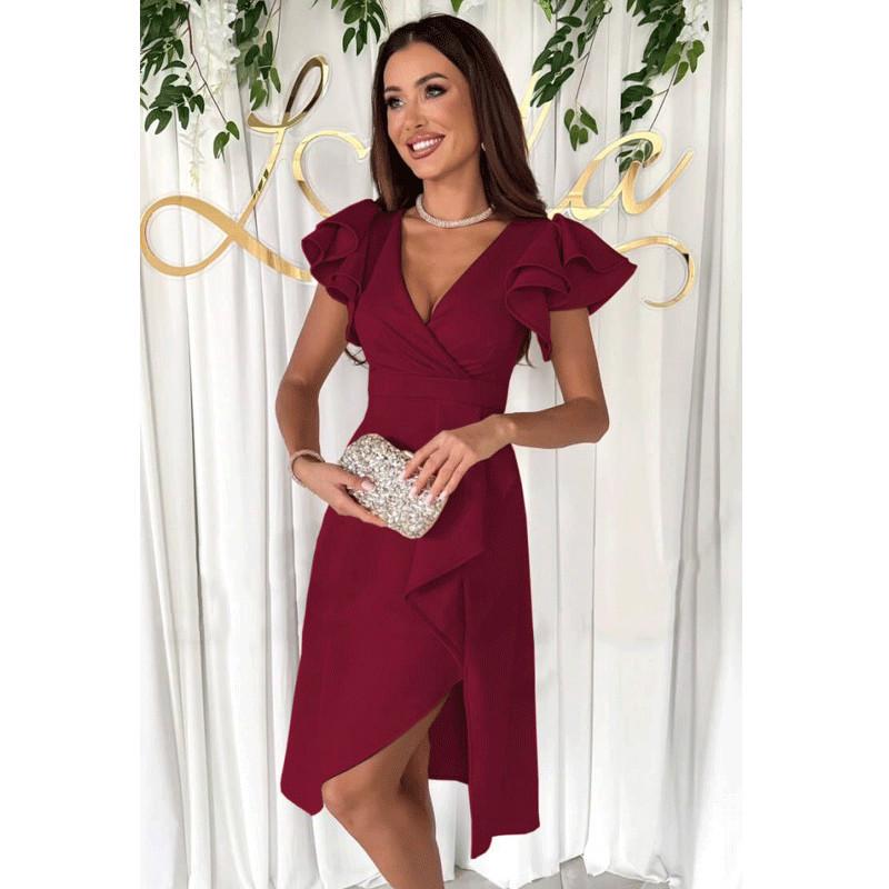 

2024 European & American Style Summer Deep V-neck Ruffle Sleeve Waist-cinching Solid Color Dress S вина червоного кольору