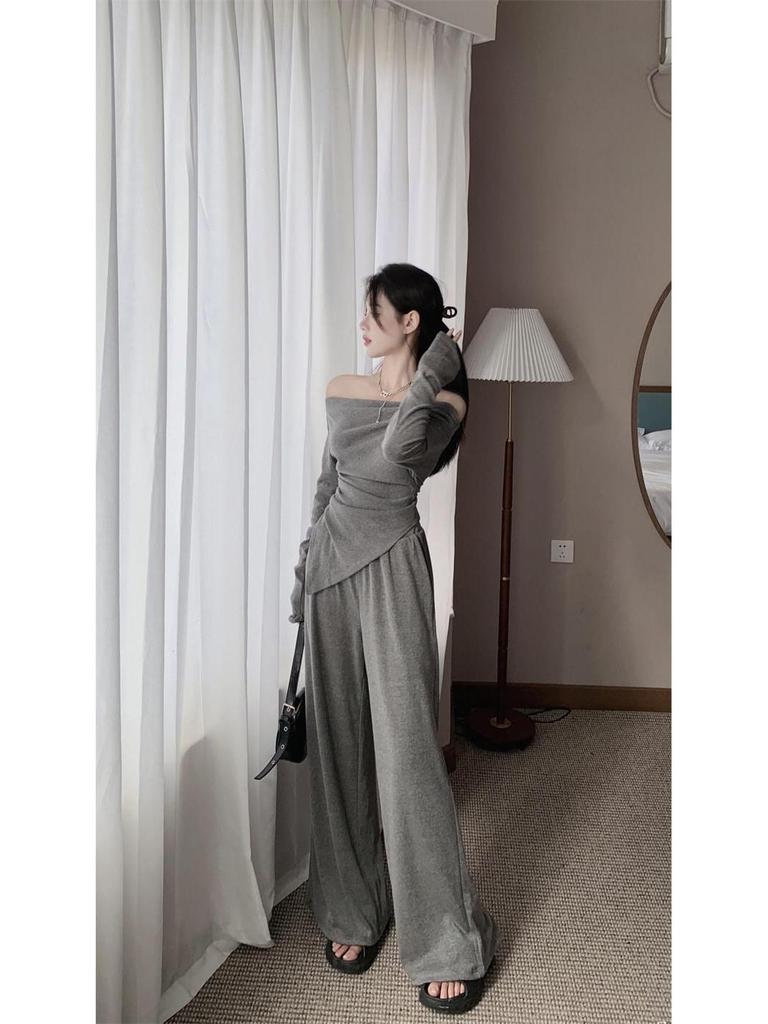 Elegant Korean-Style Women's Suit: One-Shoulder Irregular Long-Sleeved Top with Draping Pants, New Spring/Autumn 2026 Arrival.