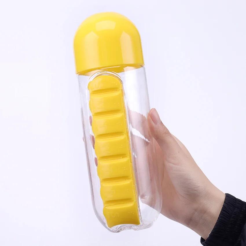1PC 600ml Sports Plastic Water Bottle Combine Daily Pill Boxes Capsule Water Cup Medicine Organizer Drinking Bottles
