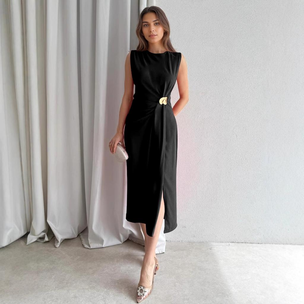 Women Sleeveless Solid Long Dress Round Neck High Waist Ruched Decor Split Hem A Line Midi Dress Elegant Party Dress 100% Polyester With Liner