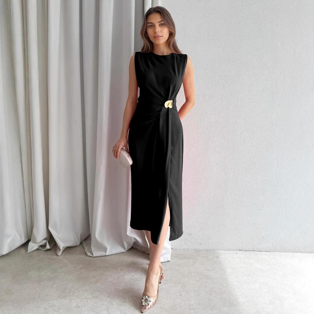 Women s clothing European and American pleated jewelry open-ended sleeveless solid color long skirt European and American open-ended long skirt S