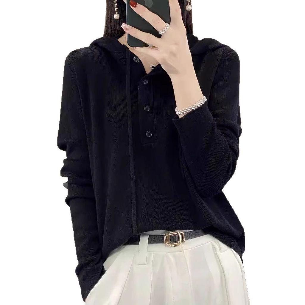 Spring & Autumn Wool Hoodie: Casual, Lazy-Style Knitted Sweater, Slimming Button-Up, Versatile for Women