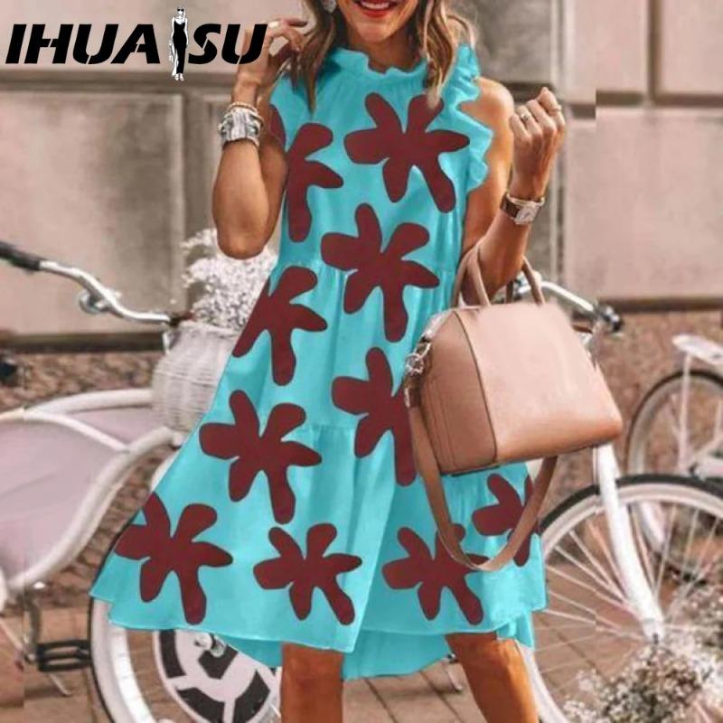 IHUASU Women Floral Print Dress Loose Streetwear Knee Length Sleeveless Ruffle Party Dress S-3XL