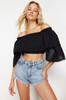 Women's Fashion New Blouse Black Crop Woven Flounce Blouse