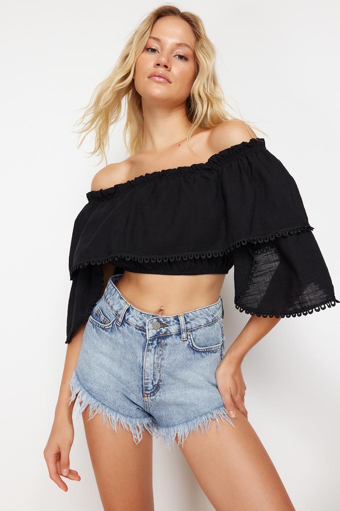 Women's Fashion New Blouse Black Crop Woven Flounce Blouse