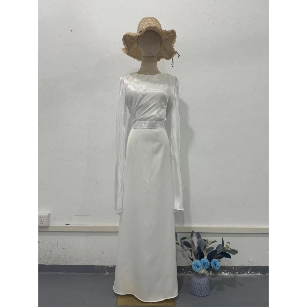 Fashion Satin Solid Robe Dress Ladies Temperament O-neck Slim Evening Dress Elegant Batwing Sleeves High Waist Pleats Long Dress