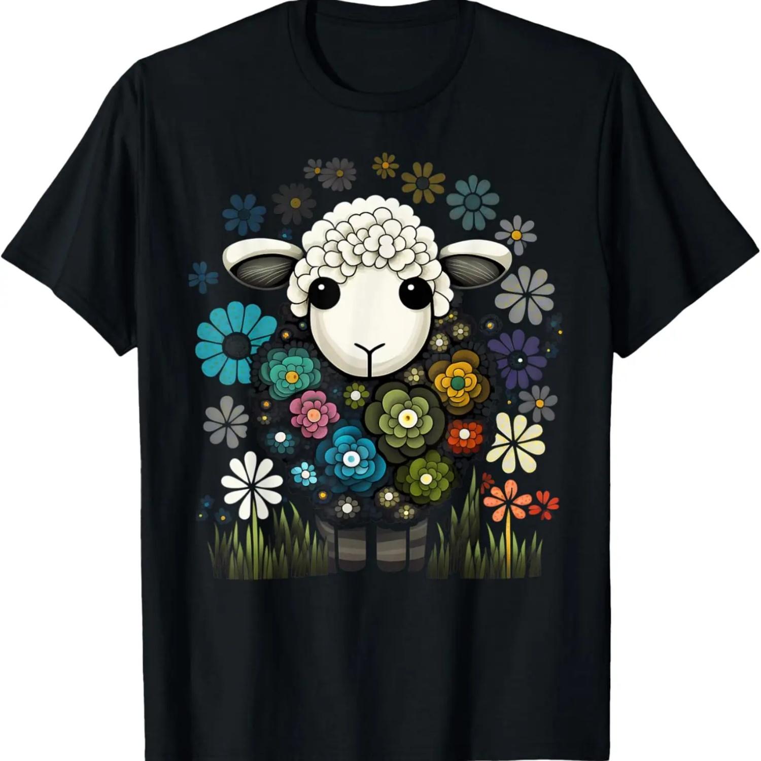 Colorful Sheep Cartoon Flower Garden Cute Farm Animals Black T-Shirt S