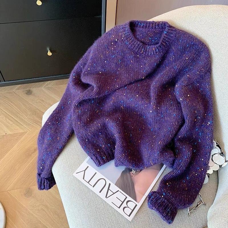 

Purple sequined crew neck pullover sweater for women s autumn and winter lazy style loose and versatile knitted sweater for women XL фіолетовий
