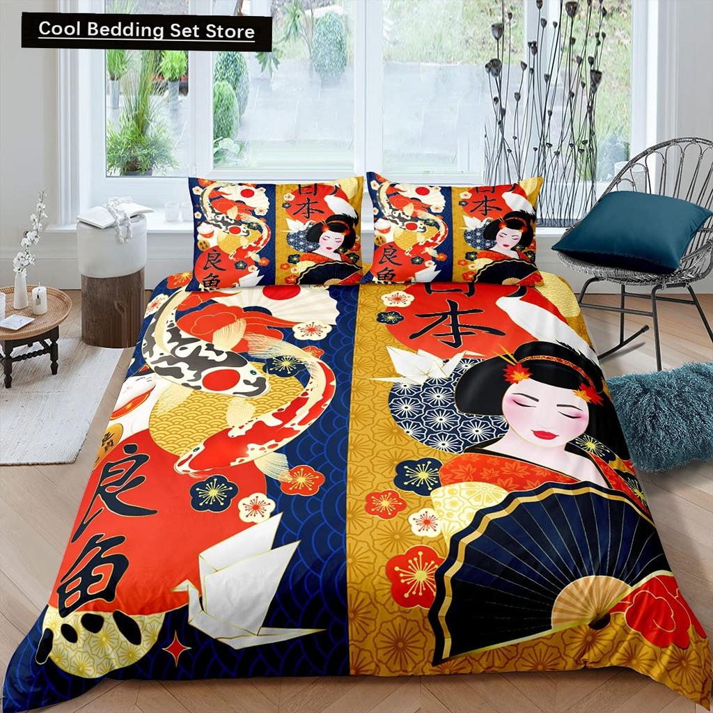 Japanese Style King Queen Duvet Cover Koi Fish Cherry Bedding Set Ukiyo-E Geisha Quilt Cover Sun Crane Polyester Comforter Cover