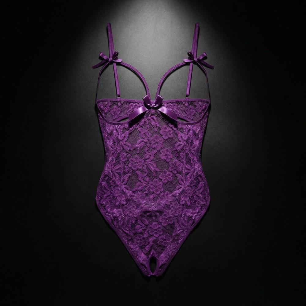 Open Crotch Women Underwear Deep V Lace Sling Nightwear Sweet Lace Bow Bodysuit  Home