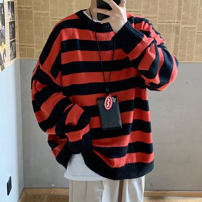 Autumn and Winter Men's Casual Fashion Striped Sweater Loose Round Neck Couple Knit Sweater