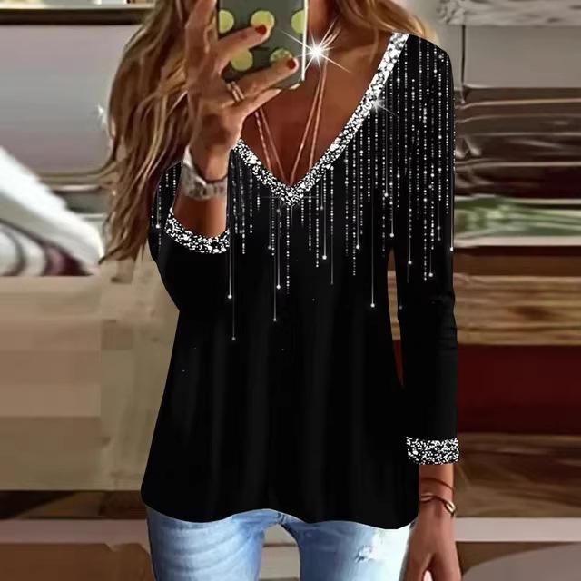 Women's Long Sleeve Top V Neck Elegant Sequin Print Loose Fit Blouse Casual Tunic Top